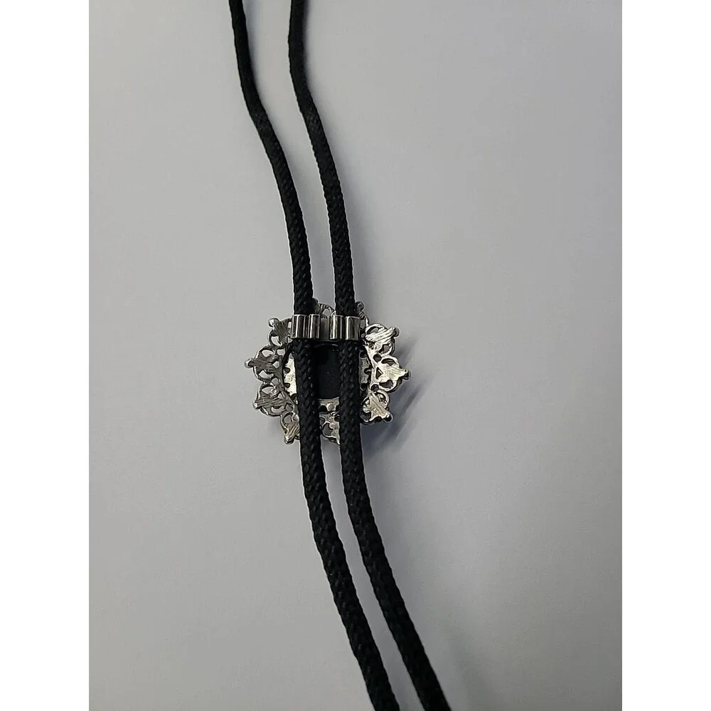 Black Bolo‎ Necklace Silver Tone Filigree Black Cabochon Western Cord Slide